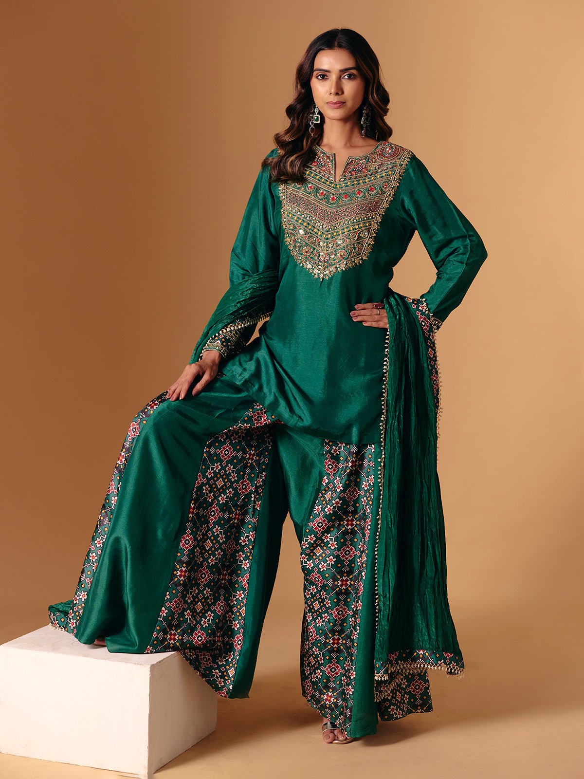 Green silk printed palazzo suit with sweetheart neck