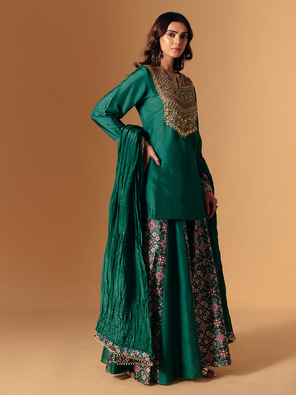 Green silk printed palazzo suit with sweetheart neck