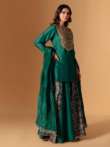 Green silk printed palazzo suit with sweetheart neck