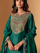 Green silk printed palazzo suit with sweetheart neck