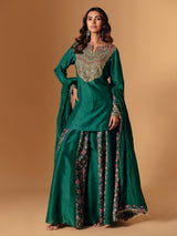 Green silk printed palazzo suit with sweetheart neck