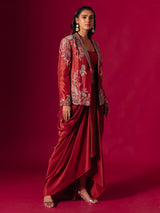 Rust red satin silk indo western suit with jacket
