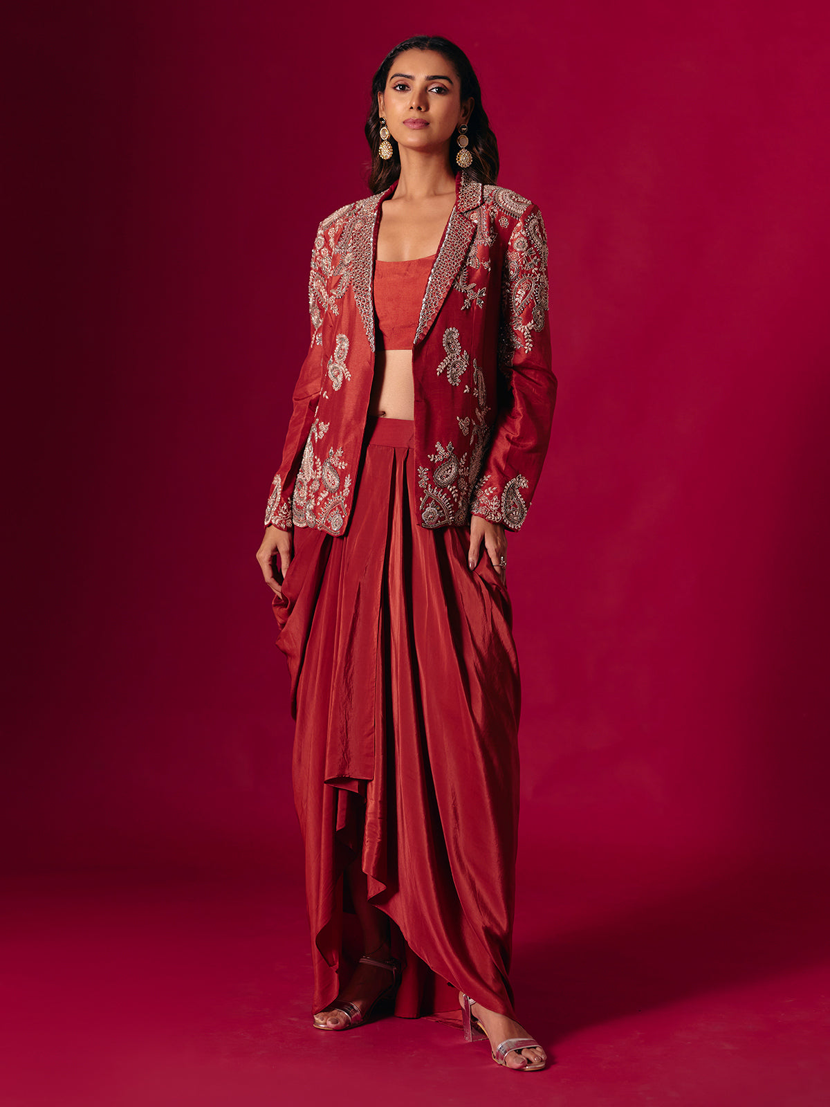 Rust red satin silk indo western suit with jacket