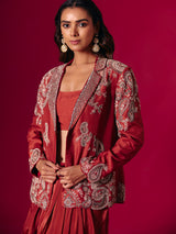 Rust red satin silk indo western suit with jacket