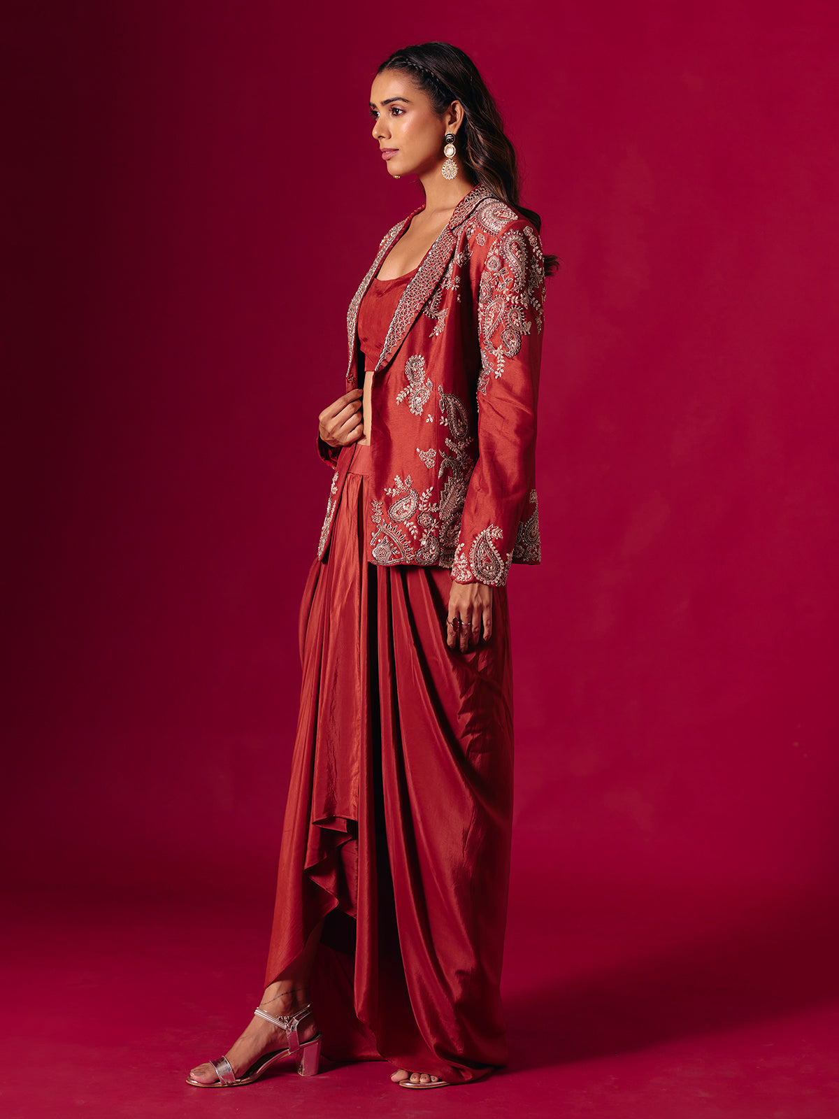 Rust red satin silk indo western suit with jacket