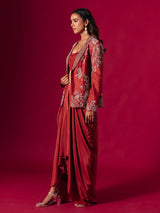 Rust red satin silk indo western suit with jacket
