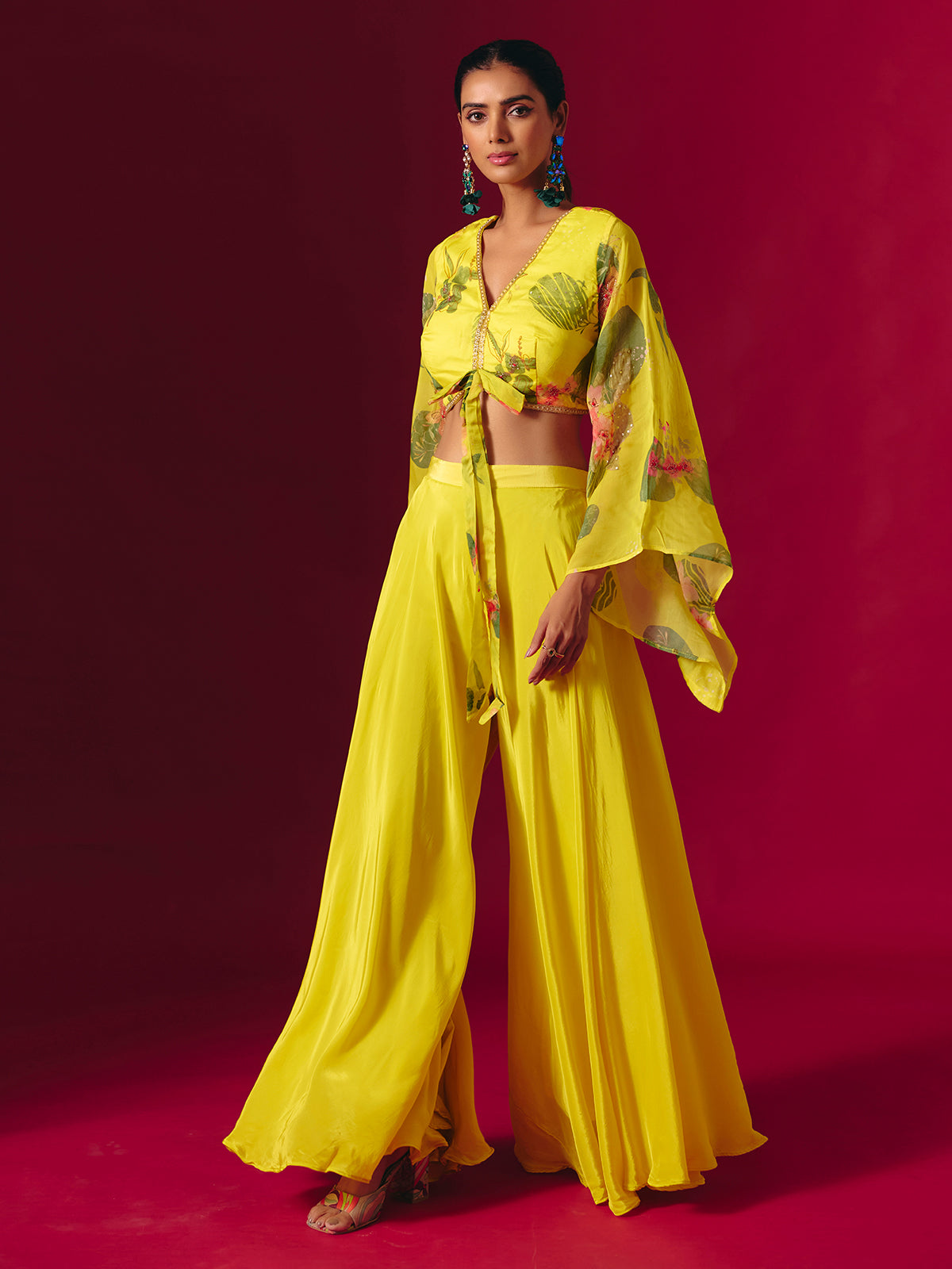 Yellow satin silk festive palazzo suit with print