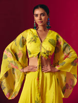 Yellow satin silk festive palazzo suit with print