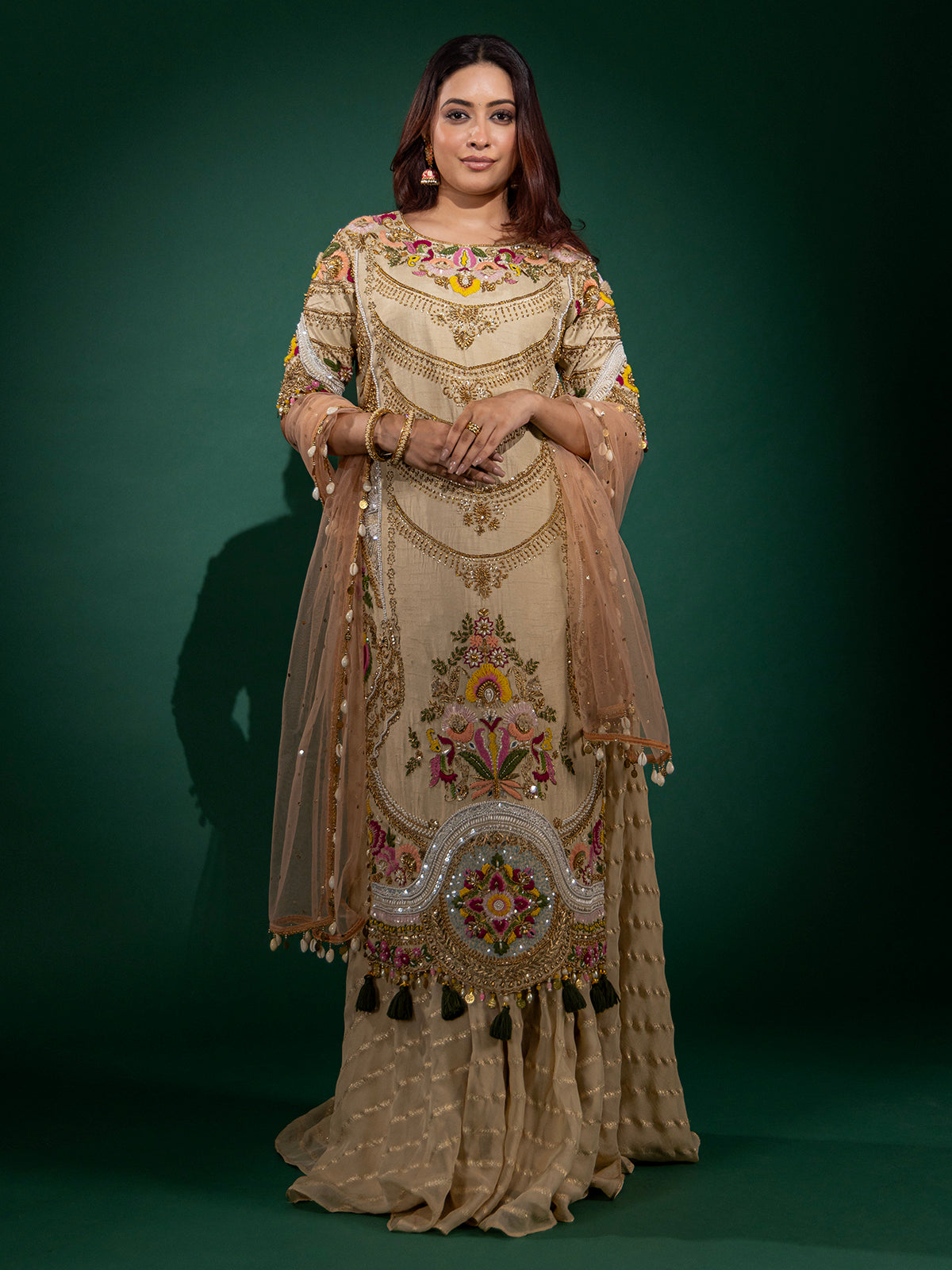 Cream raw silk palazzo suit for wedding celebration