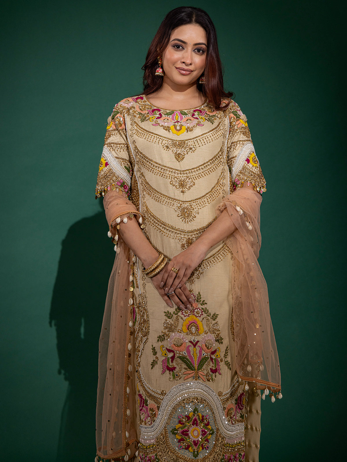 Cream raw silk palazzo suit for wedding celebration