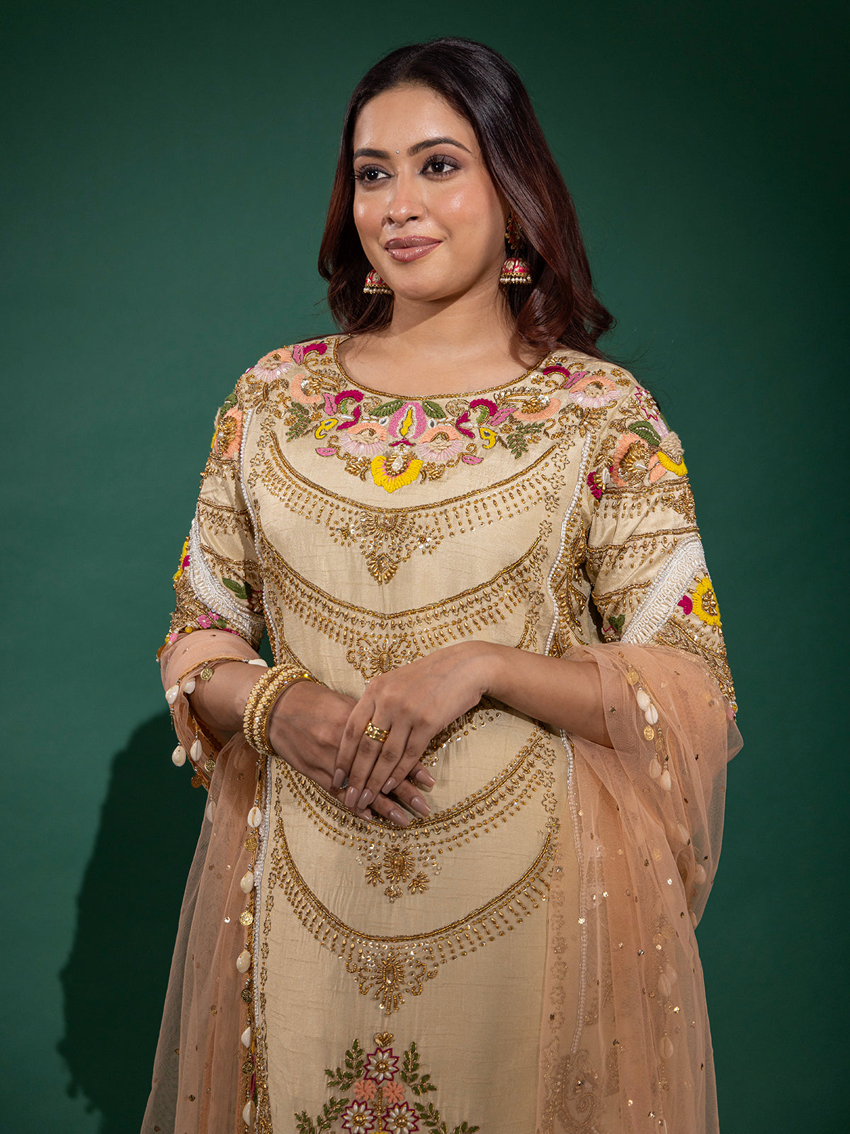 Cream raw silk palazzo suit for wedding celebration