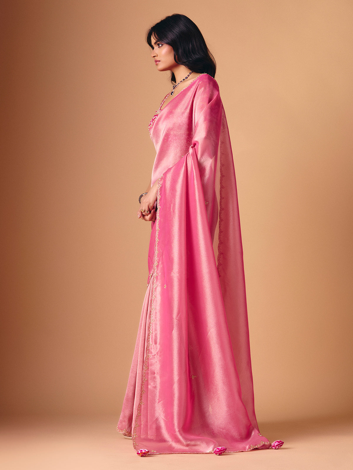 Pink tissue silk designer saree for reception