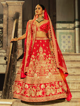 Red raw silk lehenga choli with ornate detailing