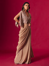 Beige lycra designer ready to wear saree for reception