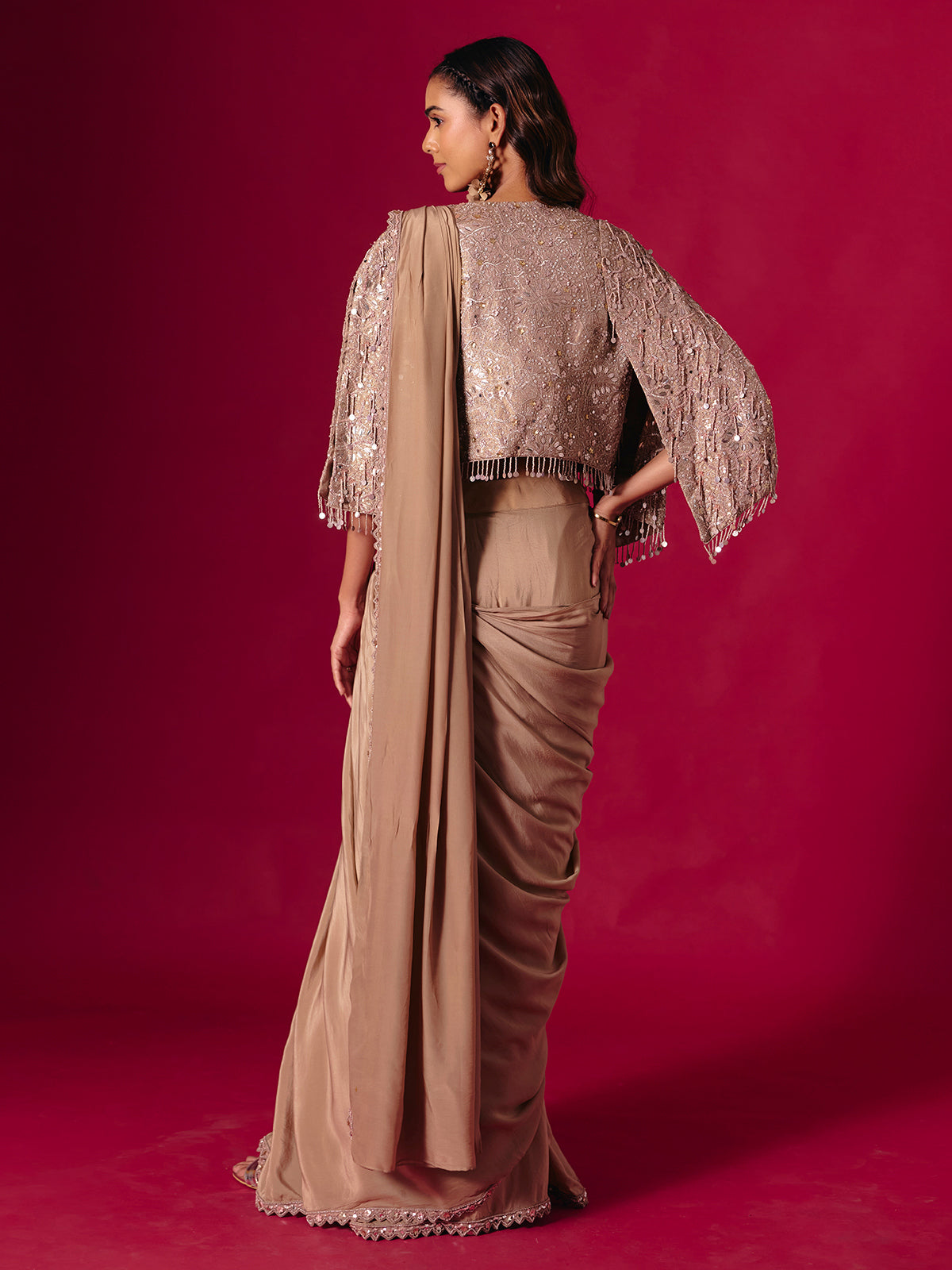 Beige lycra designer ready to wear saree for reception