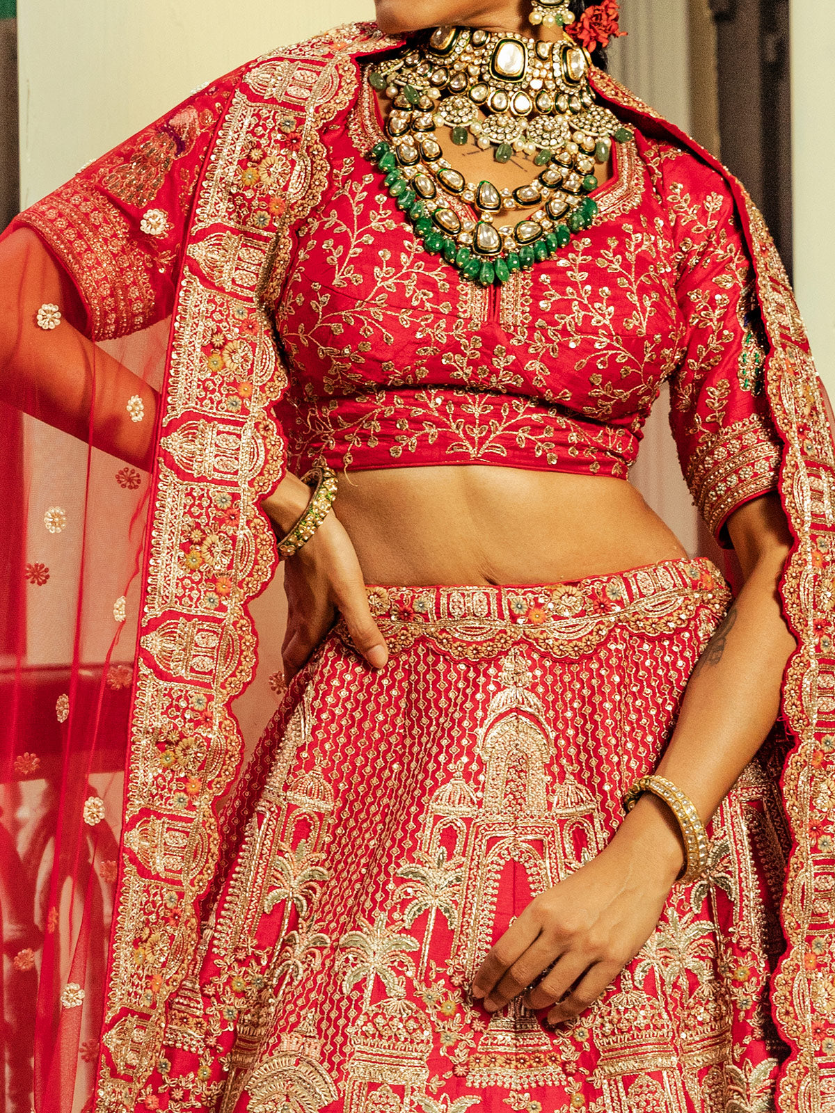 Red raw silk lehenga choli with dupatta for women