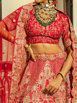 Red raw silk lehenga choli with dupatta for women