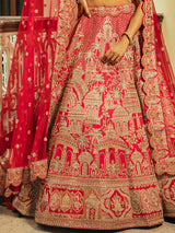 Red raw silk lehenga choli with dupatta for women