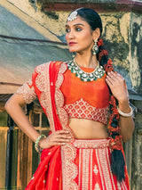 Red raw silk bridal lehenga choli set for wedding wear