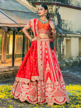 Red raw silk bridal lehenga choli set for wedding wear