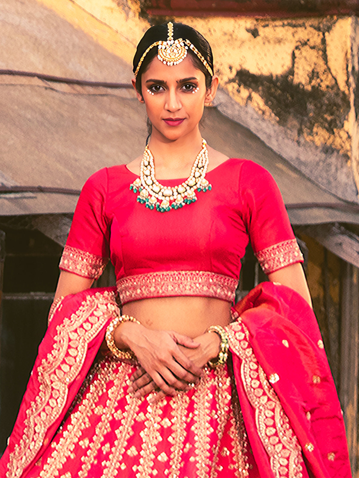 Red raw silk unstitched lehenga choli with dupatta for bridal wear
