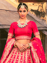 Red raw silk unstitched lehenga choli with dupatta for bridal wear