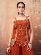 Rust orange silk embellished palazzo suit