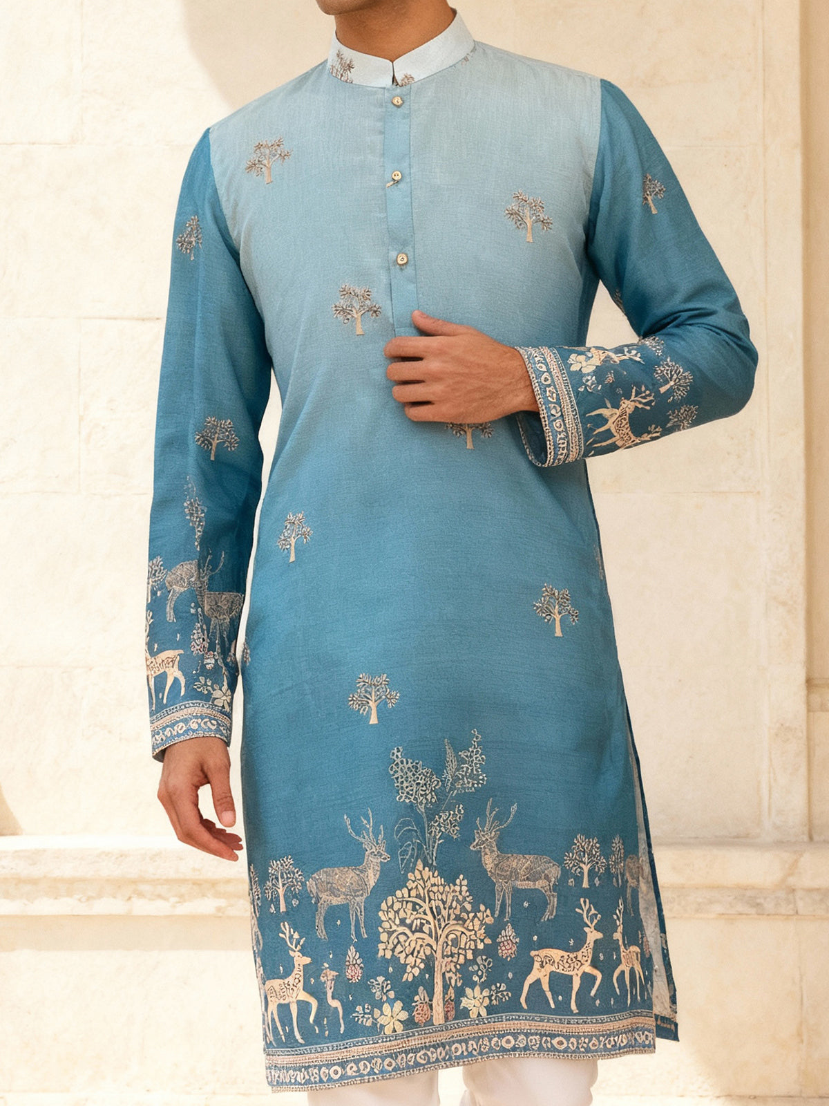 Shaded blue zari embroidered kurta set