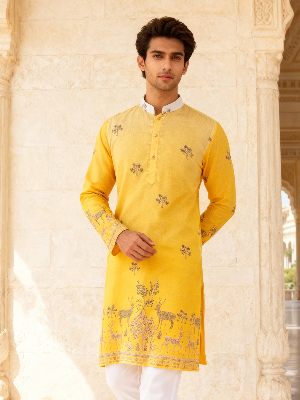 Yellow ethnic motif embroidered kurta set