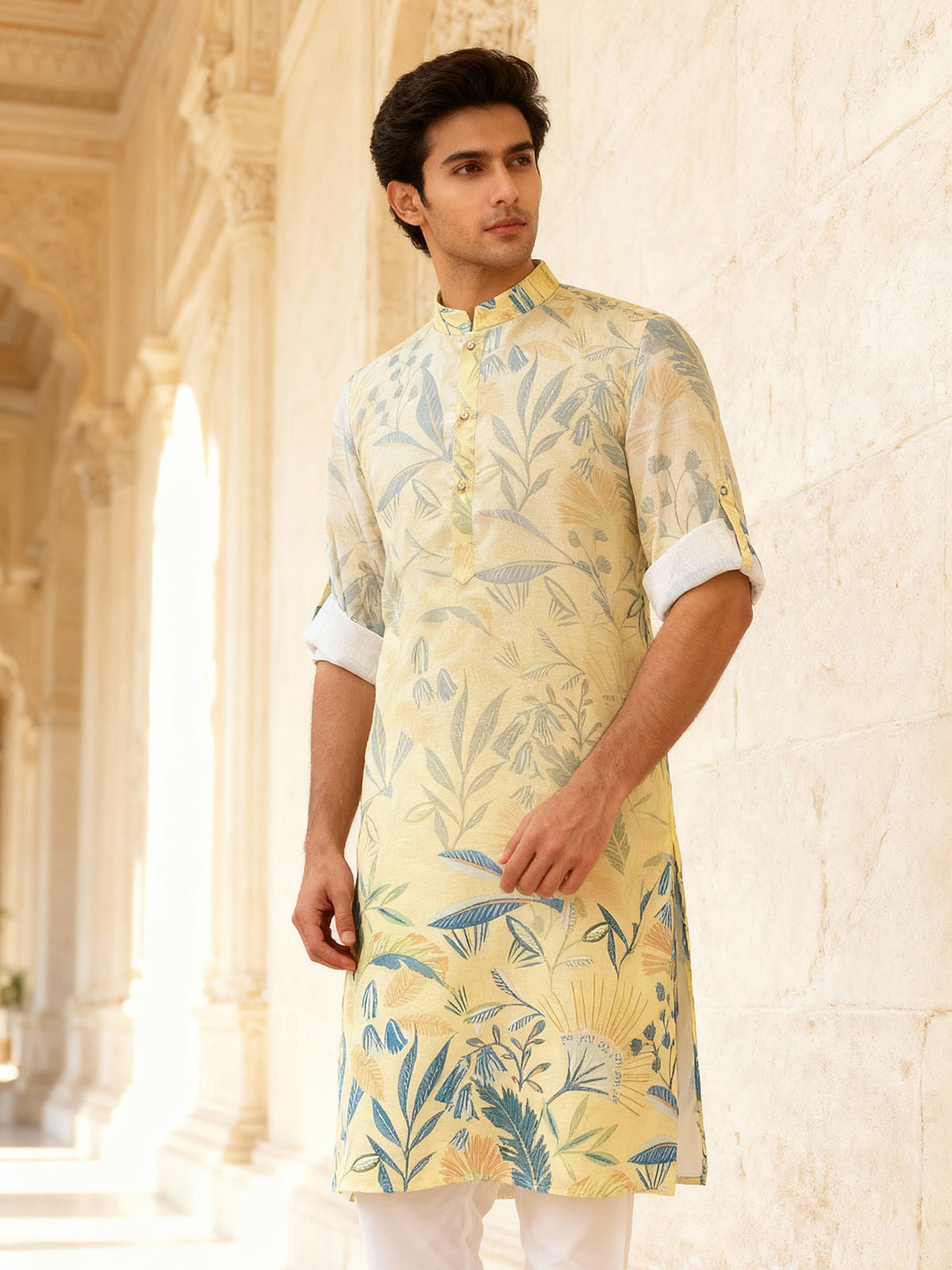 Light yellow printed festive kurta set