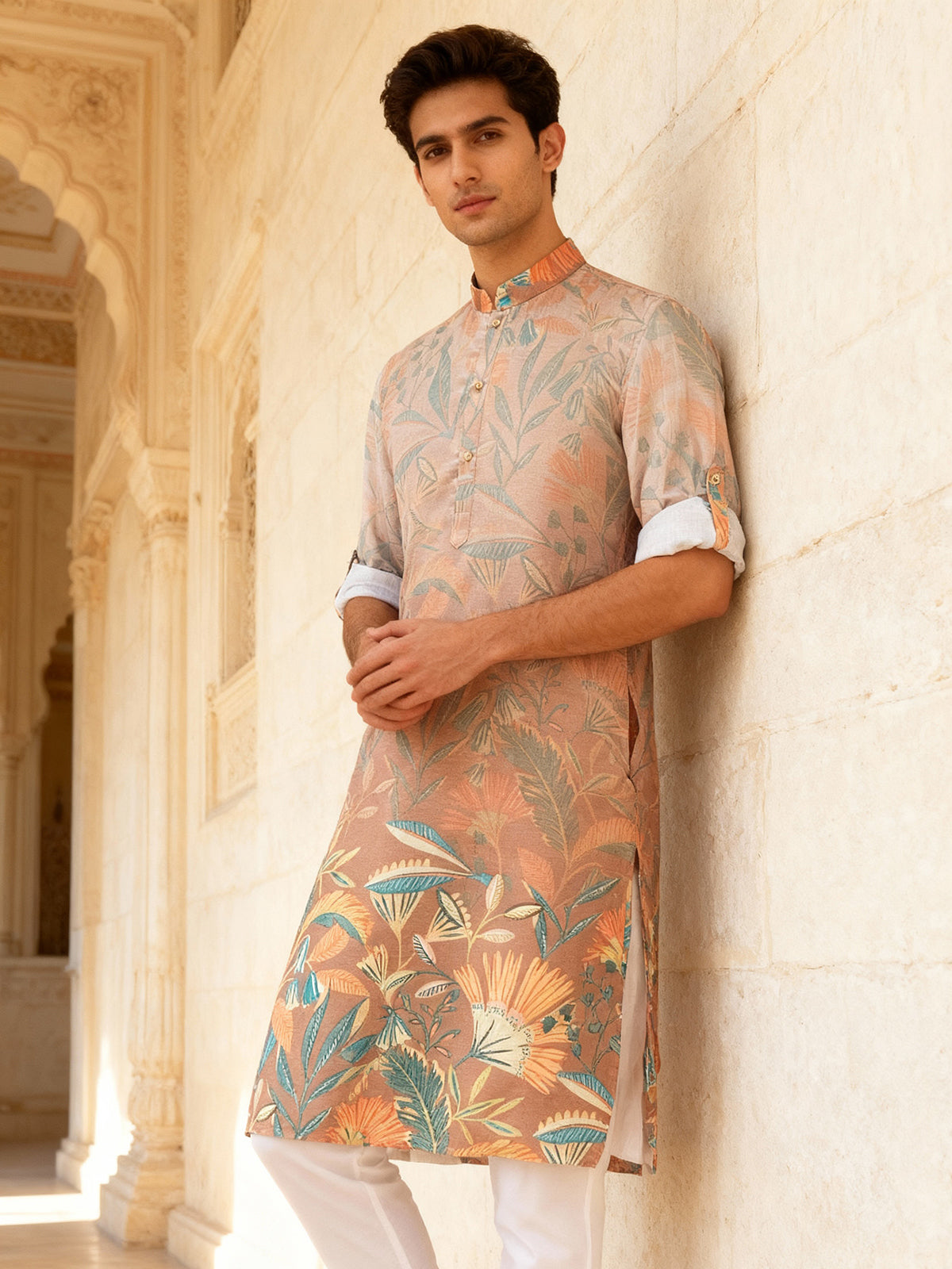 Light peach printed cotton silk kurta set