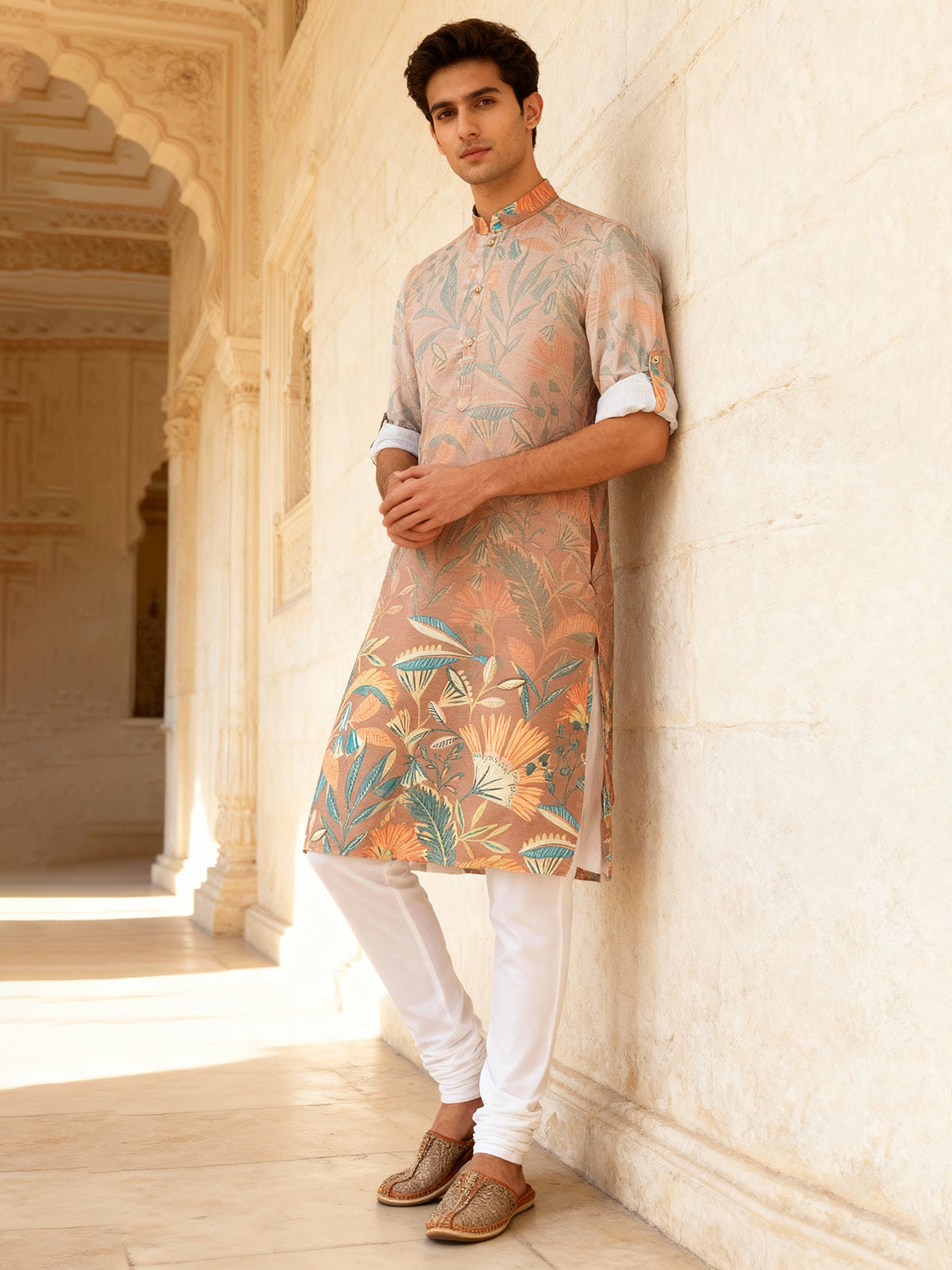 Light peach printed cotton silk kurta set