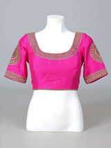 Magenta raw silk zardosi work round neck blouse
