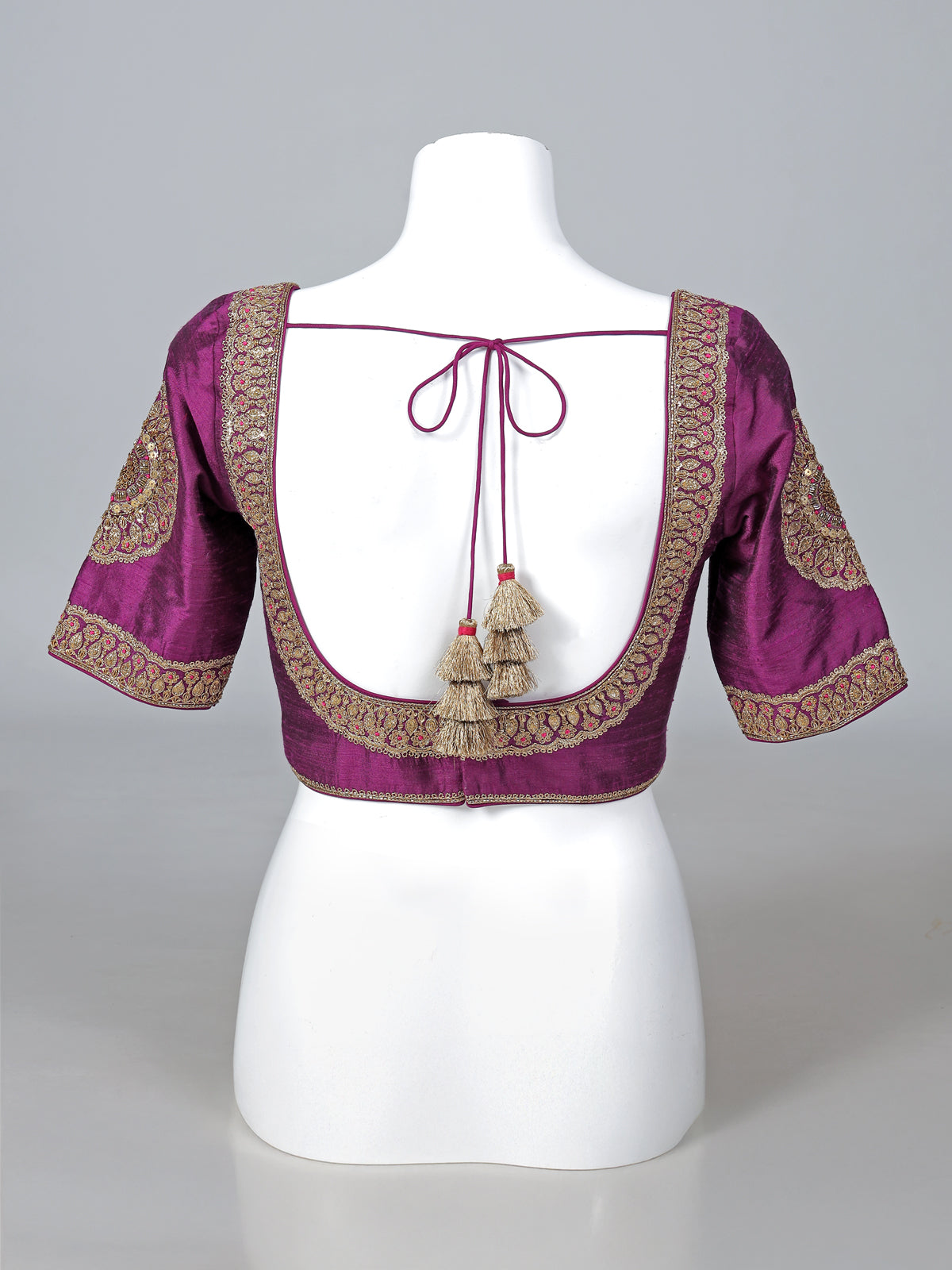 Purple raw silk embroidered round neck blouse