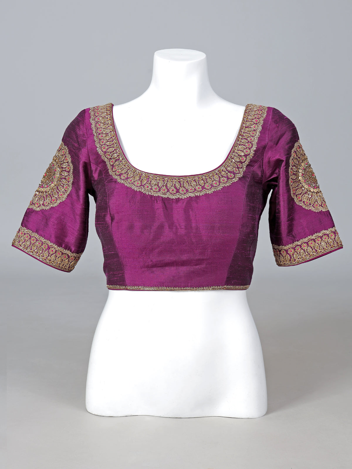 Purple raw silk embroidered round neck blouse