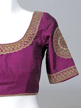 Purple raw silk embroidered round neck blouse