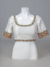 White raw silk aabla work round neck blouse