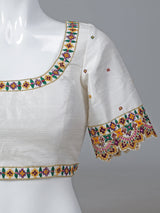 White raw silk aabla work round neck blouse
