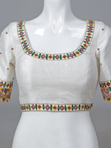 White raw silk aabla work round neck blouse