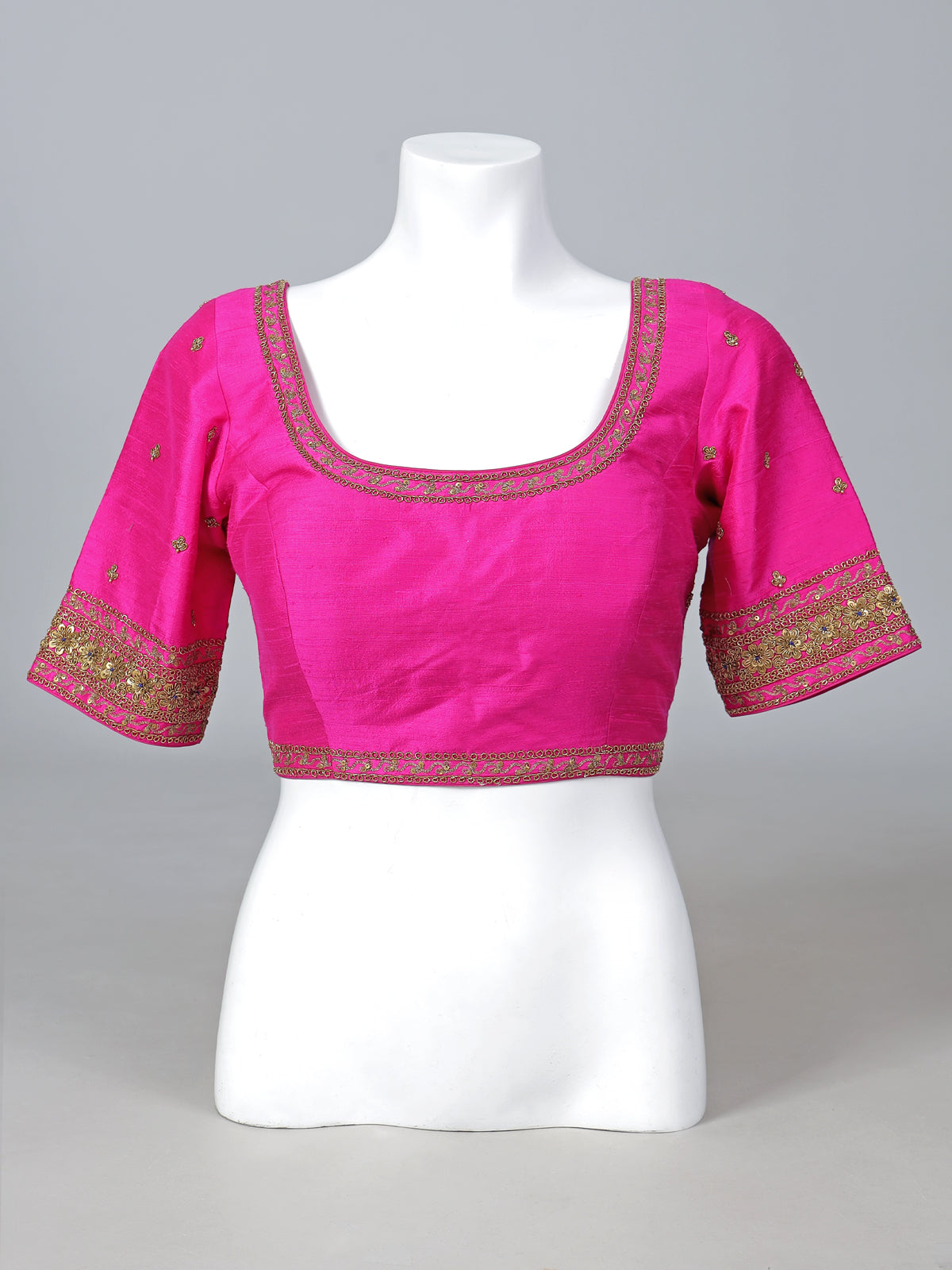 Magenta raw silk heavy embellished elbow sleeve blouse