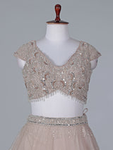 Beige net mirror embellished lehenga choli with dupatta