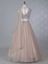 Beige net mirror embellished lehenga choli with dupatta