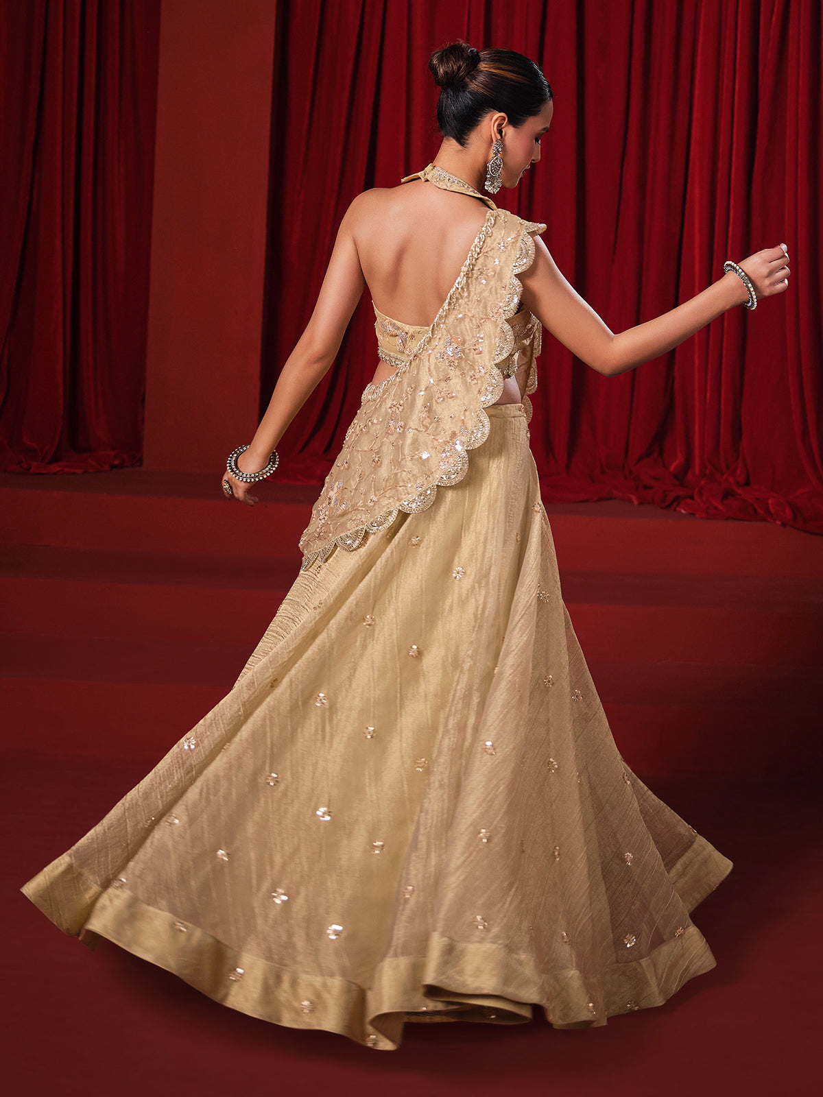 Golden chiffon tissue silk designer lehenga choli