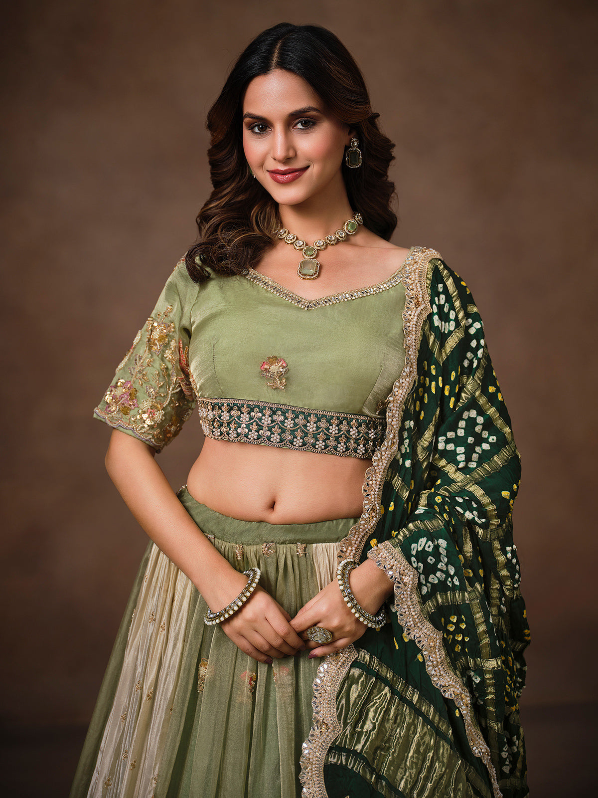 Pista green tissue silk lehenga choli for women