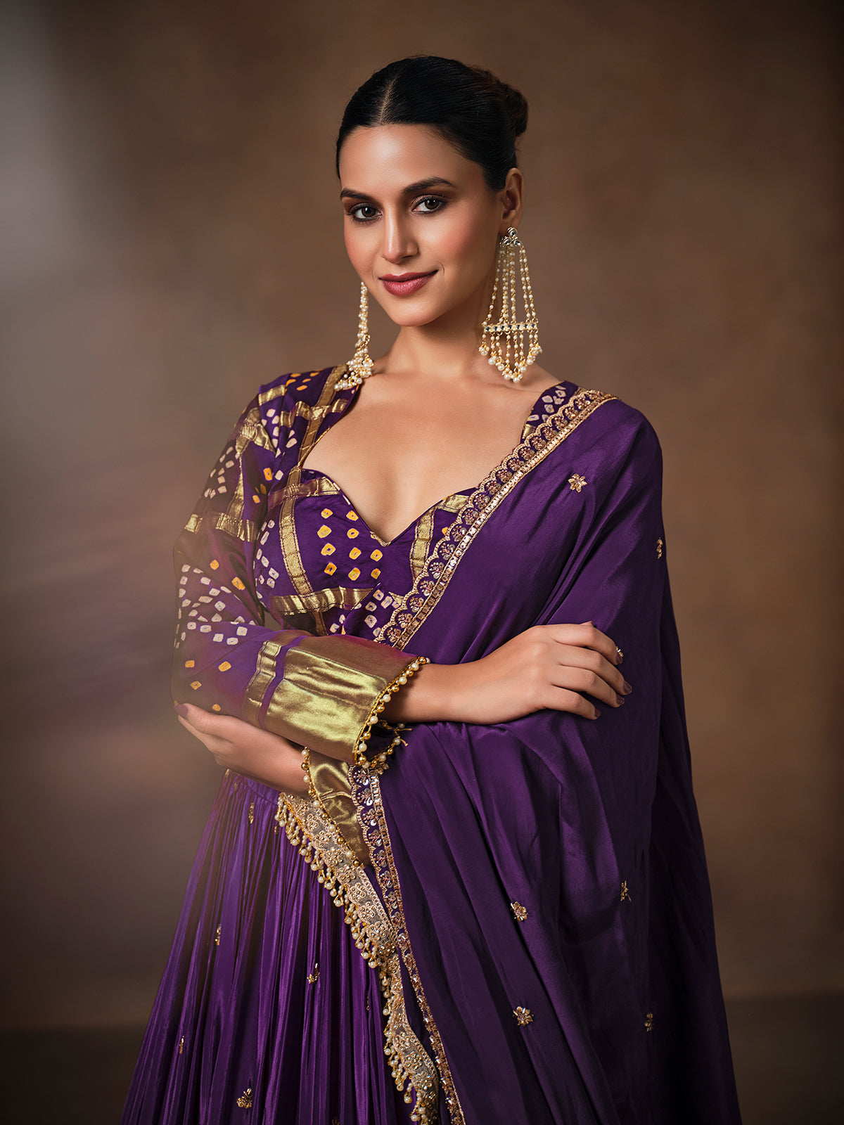 Purple satin crepe silk embellished lehenga choli