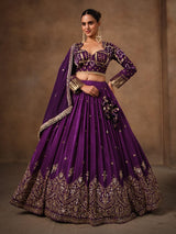 Purple satin crepe silk embellished lehenga choli