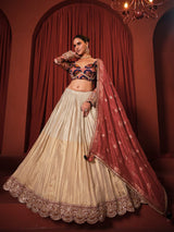 Cream silk zardosi lehenga choli for wedding wear