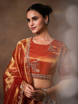 Rust orange tissue silk lehenga choli for women
