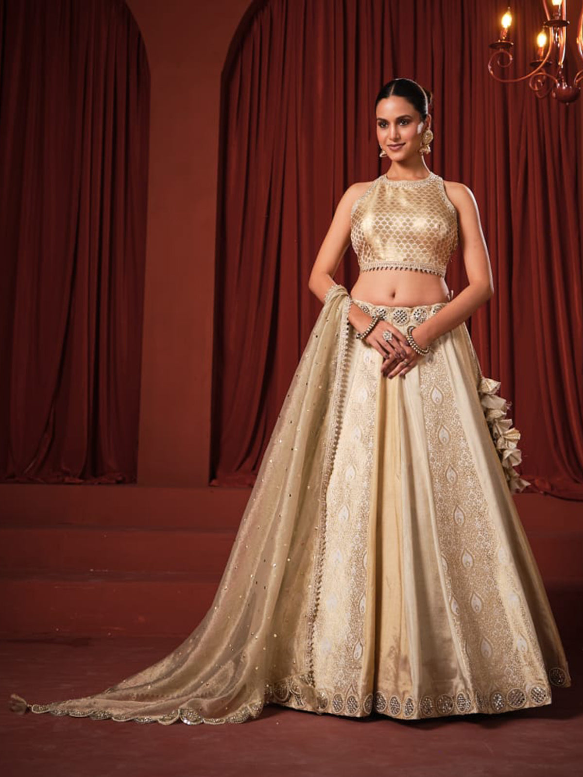 Gold silk mirror work lehenga choli