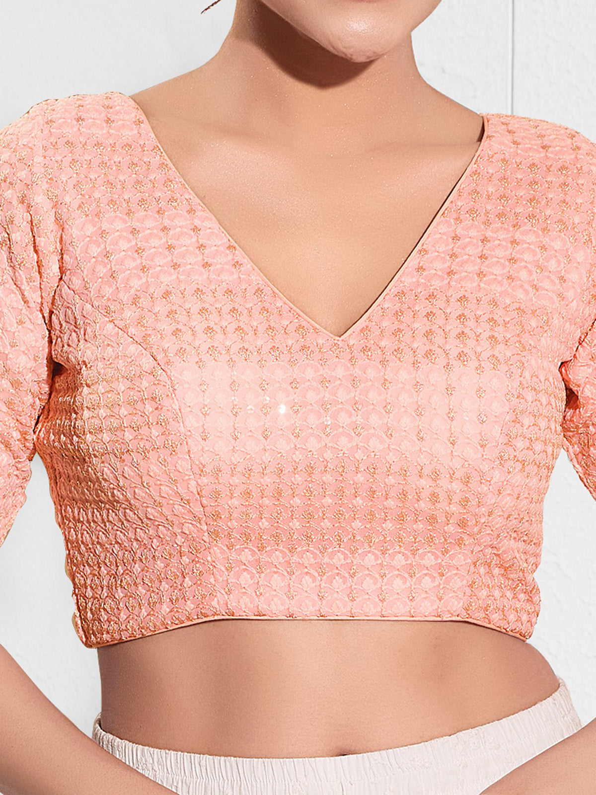 Peach cotton silk V neck blouse